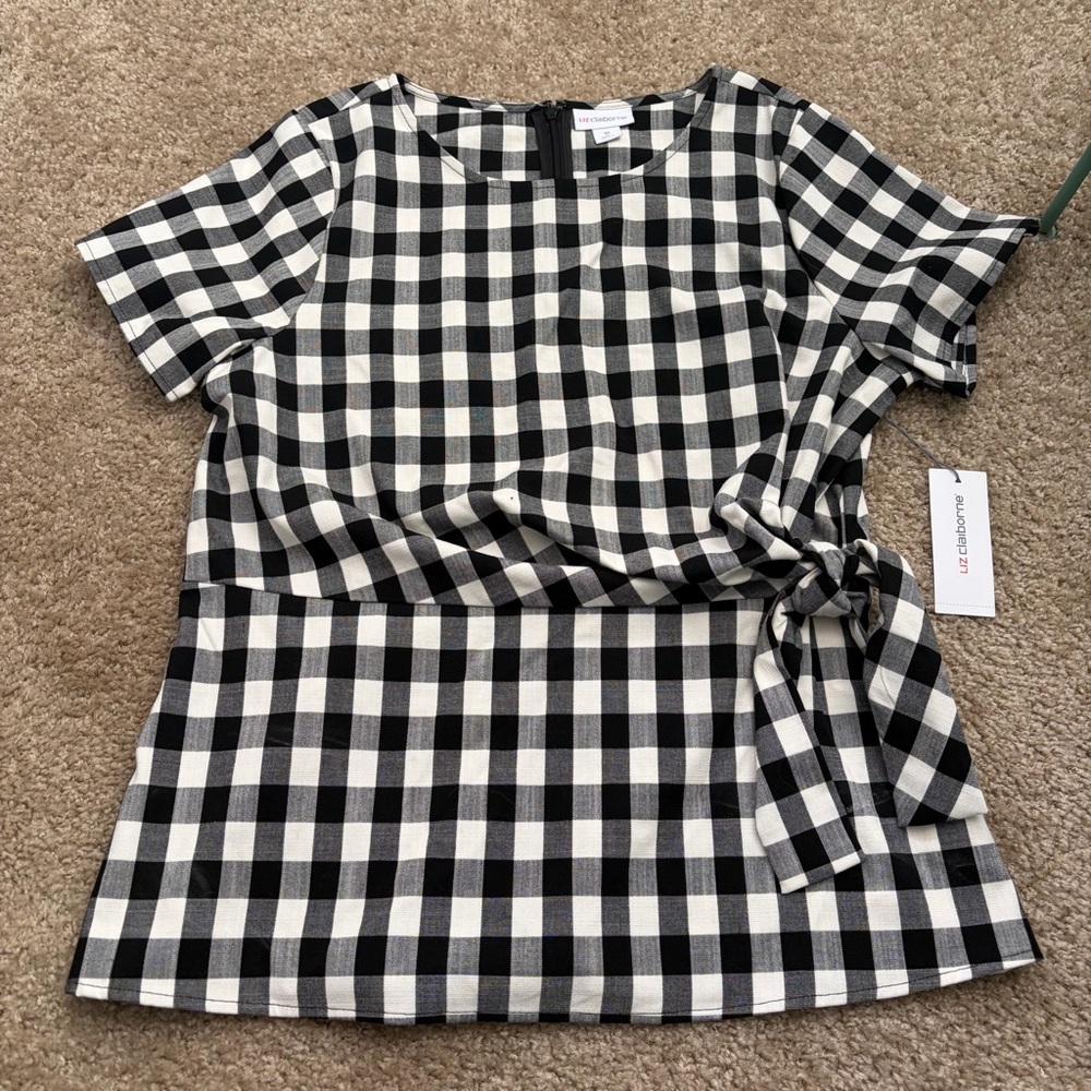 NWT Liz Claiborne Gingham Black and White Peplum  Blouse